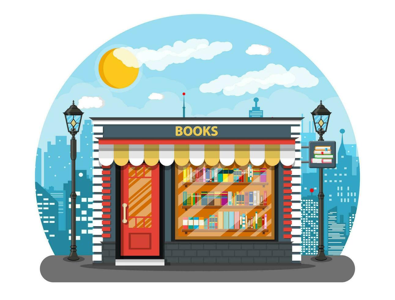Book shop or store building exterior. Library book shelf. Bookcase with different books. Cityscape, buildings, sun, clouds. Vector illustration in flat style