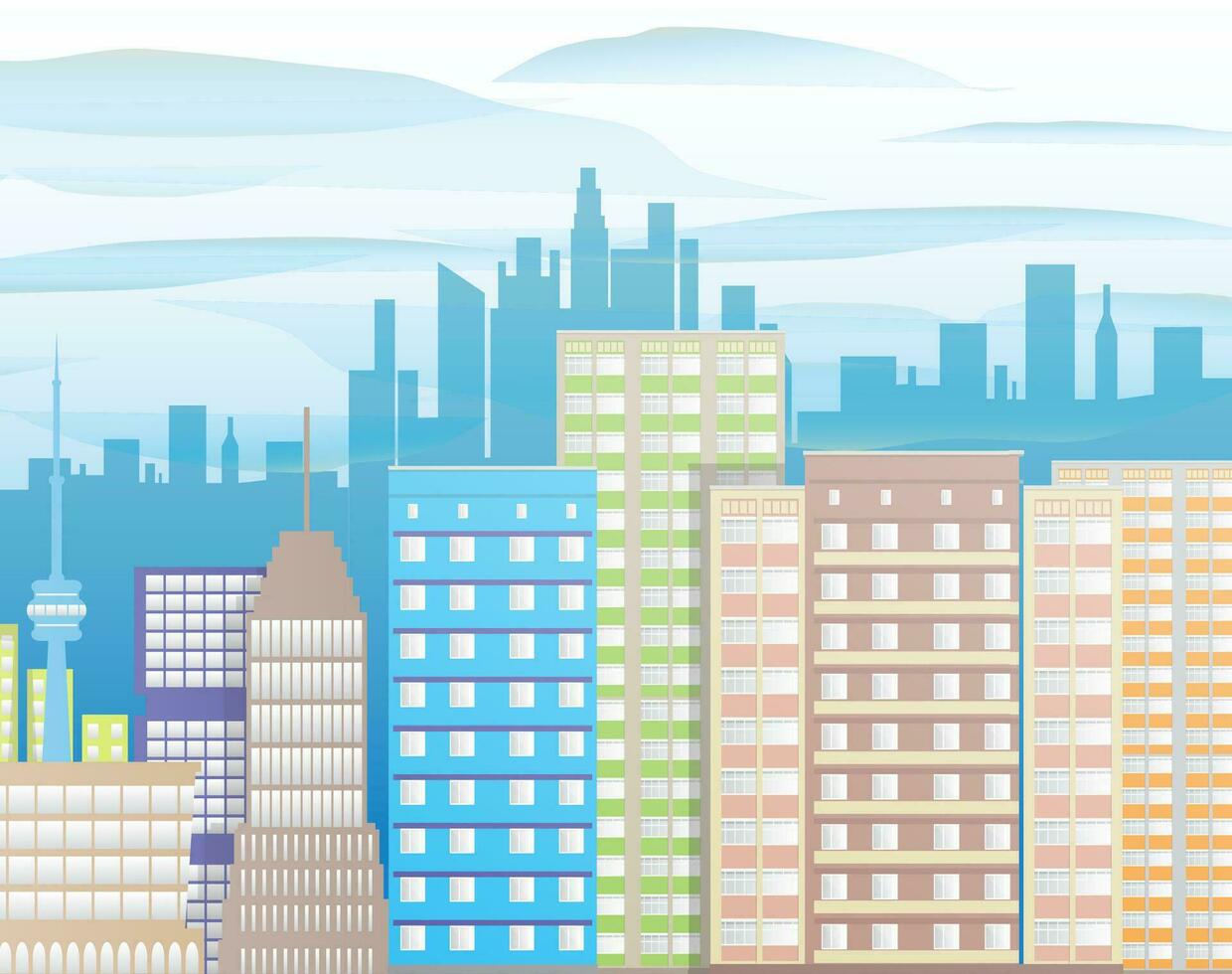 Modern City View. Cityscape with office and residental buildings, clouds. vector illustration in flat style