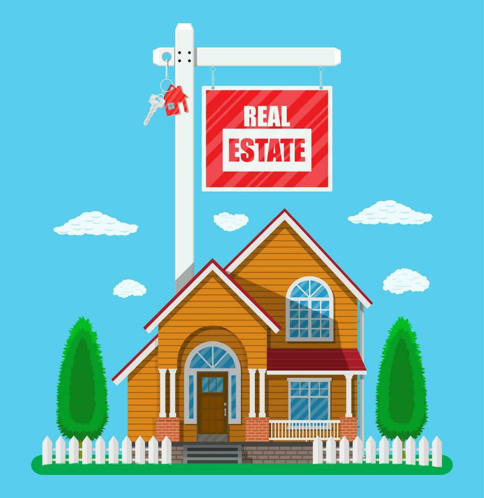 Real estate placard sign with key. Private suburban house, trees, sky and clouds. Real estate, sale and rent house. Vector illustration in flat style