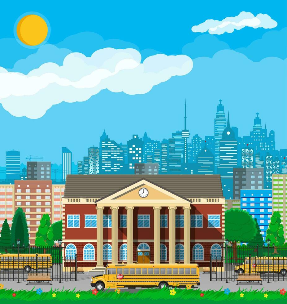 Classical school building and cityscape. Brick facade with clocks. Public educational institution and bus. College or university organization. Tree, clouds, sun. Vector illustration in flat style