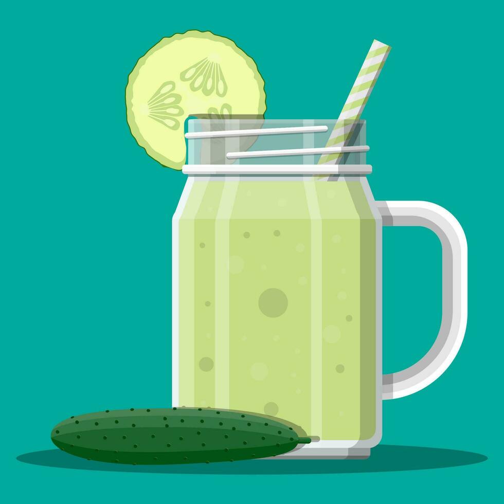 Jar with cucumber smoothie with striped straw. Glass for cocktails with handle. Cucumber fresh vegetable. Vector illustration in flat style