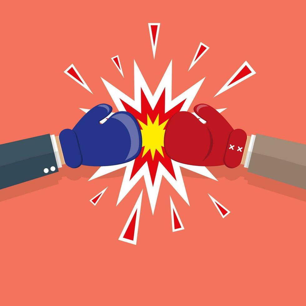 Two carrtoon businessman hands boxing in gloves, fighing business, vector illustration in flat design on red background