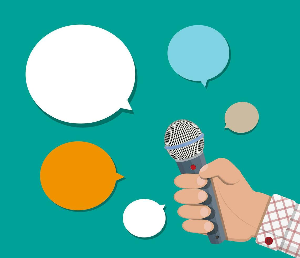 Hand holding microphone and speech balloon. Journalism, live report, hot news, television and radio casts concept. Vector illustration in flat style
