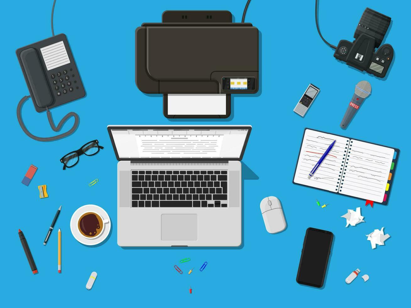 Writer or journalist workplace. Laptop pc, smartphone, mouse. Paper sheets with text, pen. Printer, recorder, coffee. Eyeglasses phone microphone, photo camera Vector illustration in flat style