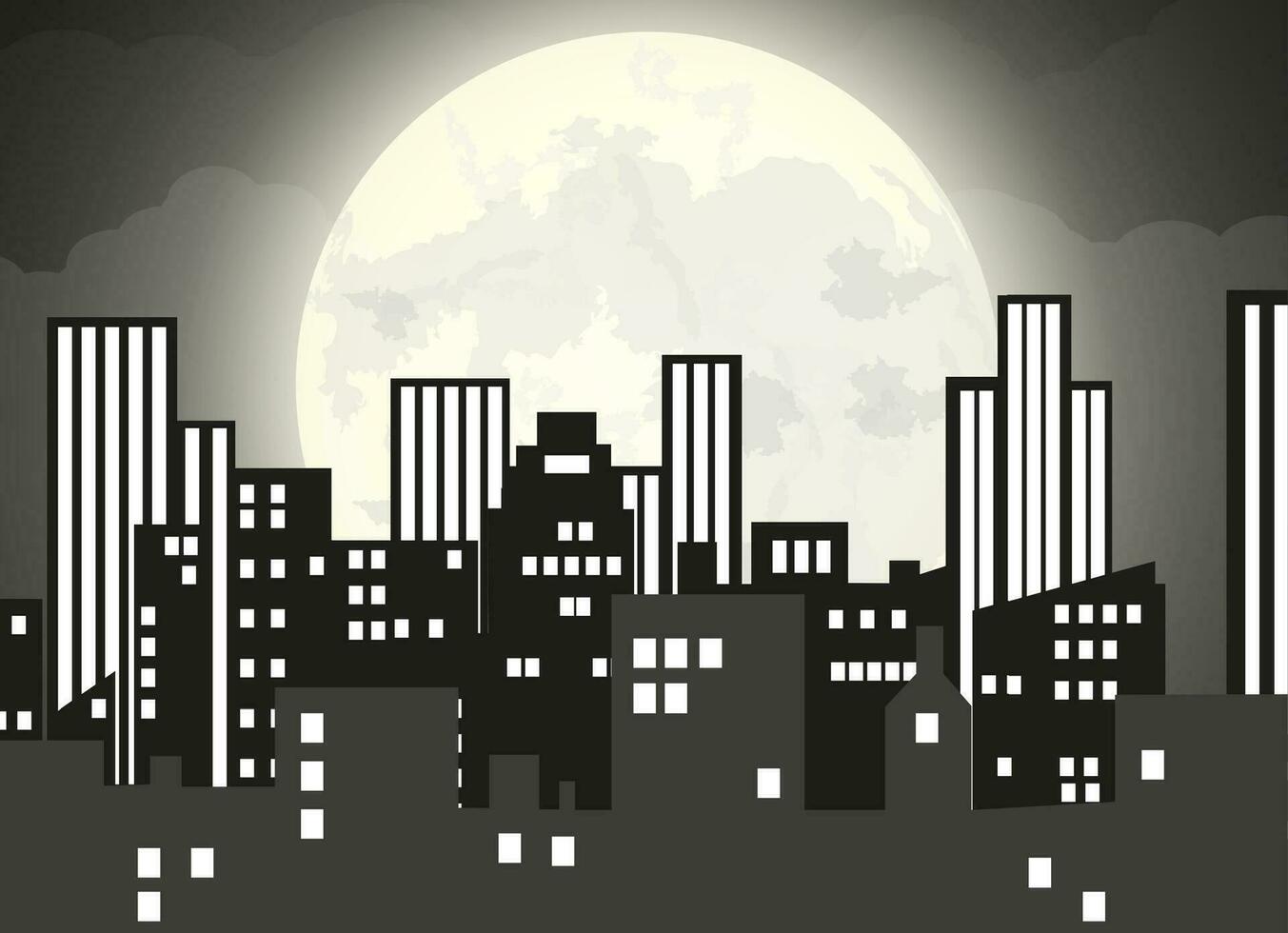 Silhouette of the city with cloudy night sky, stars and full moon. vector illustration