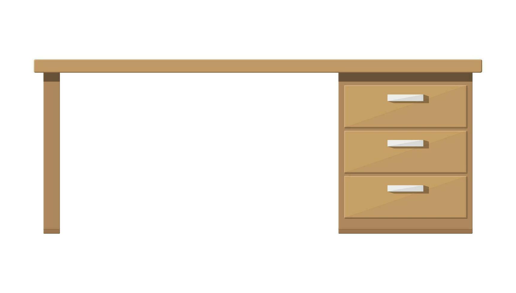 Wooden desk with drawer. Brown table with lockers. Workplace and paperwork. Office working furniture. Vector illustration in flat style