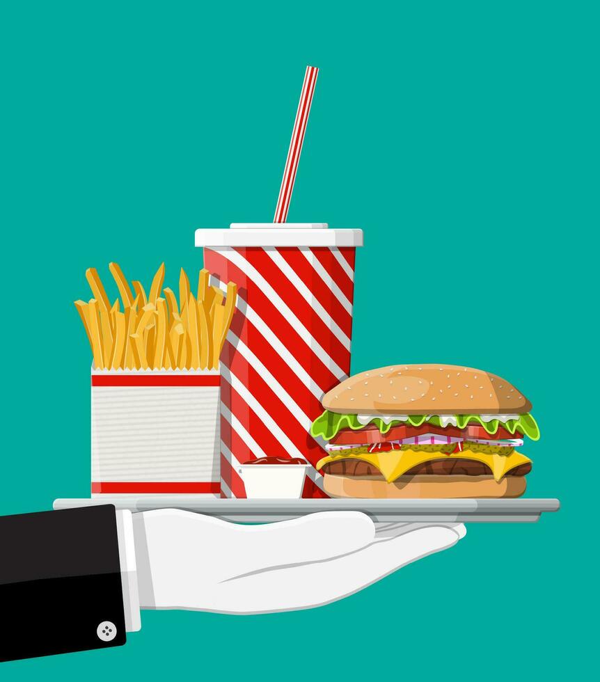 Tasty burger, red striped paper glass with drinking straw, french fries in white paper box. Cup of cola with fries and cheeseburger on tray in hand of waiter. Fast food. Vector illustration flat style