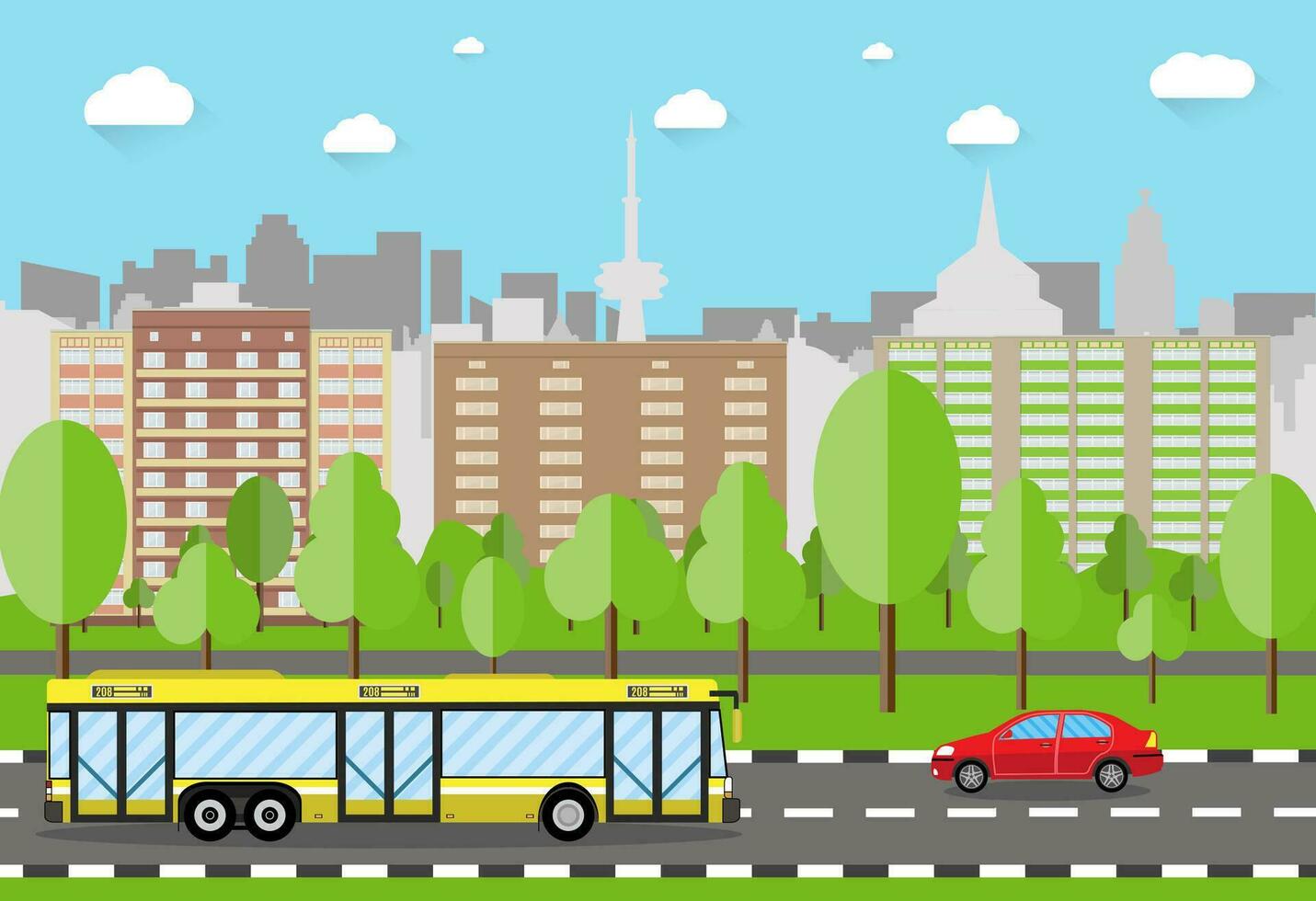 Modern City View. Cityscape with office and residental buildings, trees, road with bus and car, blue background with clouds. vector illustration in flat style