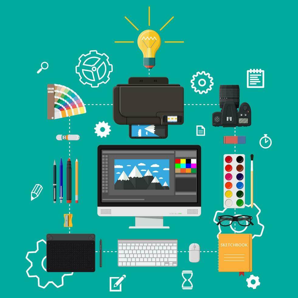 Designer workplace. Illustrator desktop with tools. Desktop pc, photo camera, mouse, glasses, notes, pen, printer. Sketch on screen. Graphic tablet Vector illustration in flat style