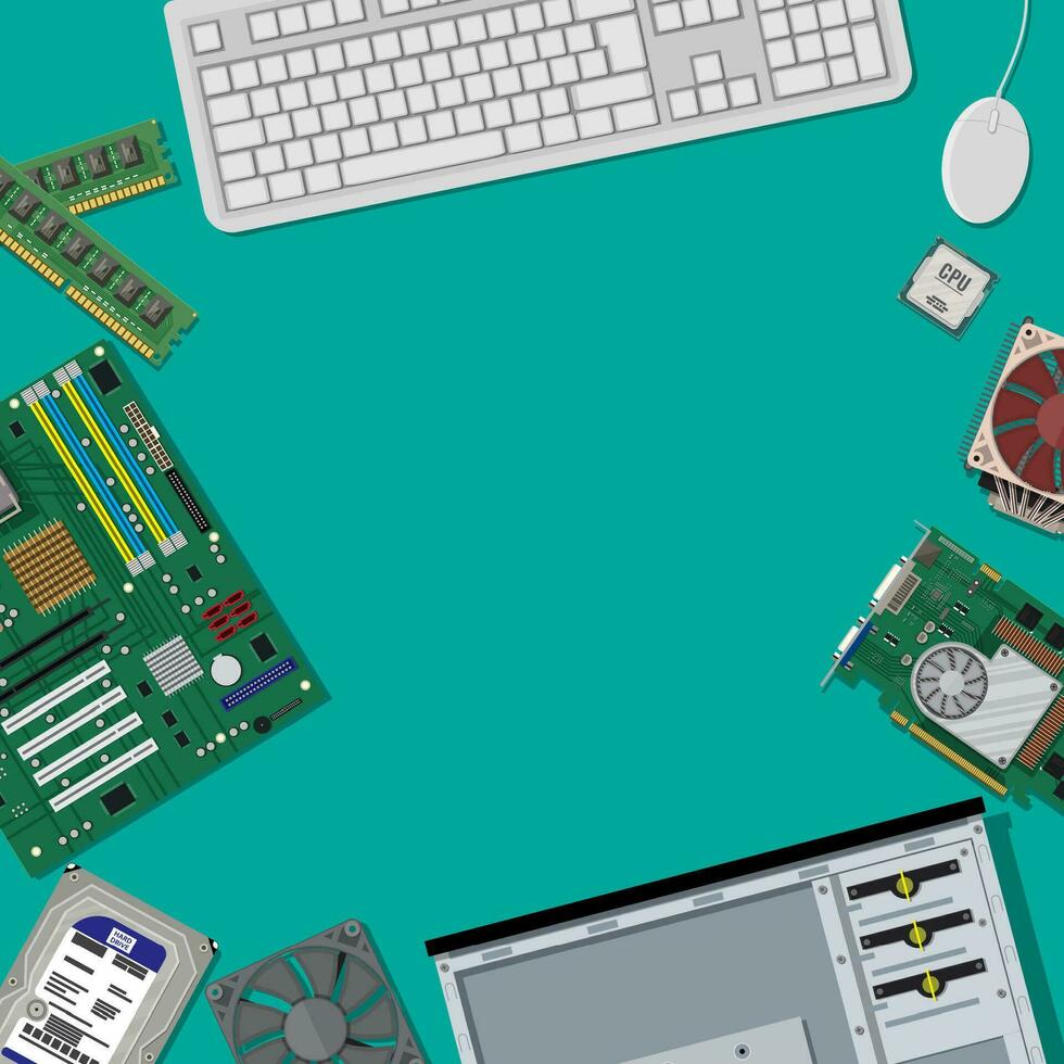 Motherboard, hard drive, cpu, fan, graphic card, memory and case. Mouse and keyboard. Assembling PC. Personal computer hardware. Vector illustration in flat style