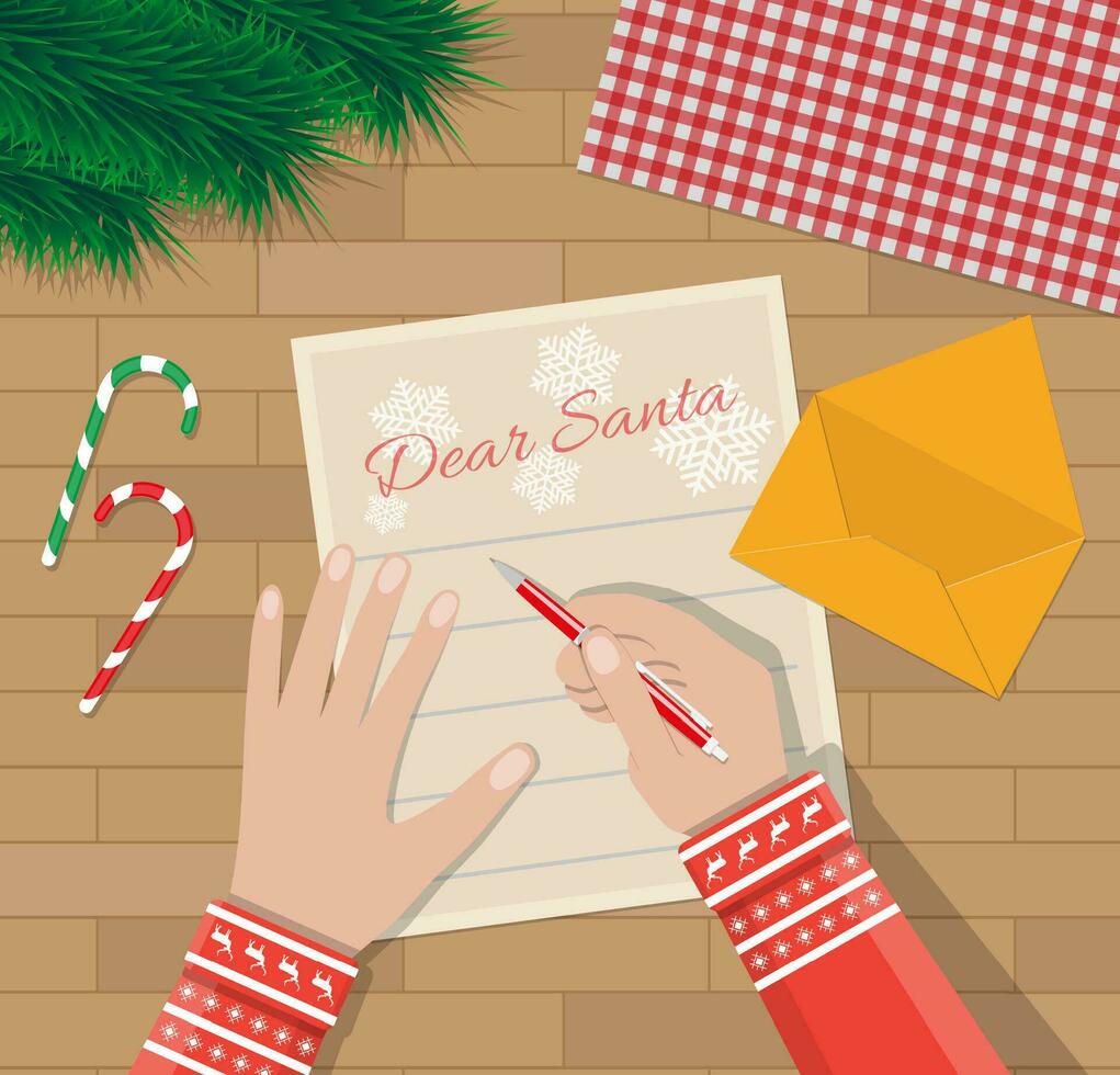 Child Hand with pen Writing letter to santa claus. wooden desk with candycane, envelope and fur branches. wishes on christmas and new year eve. vector illustration