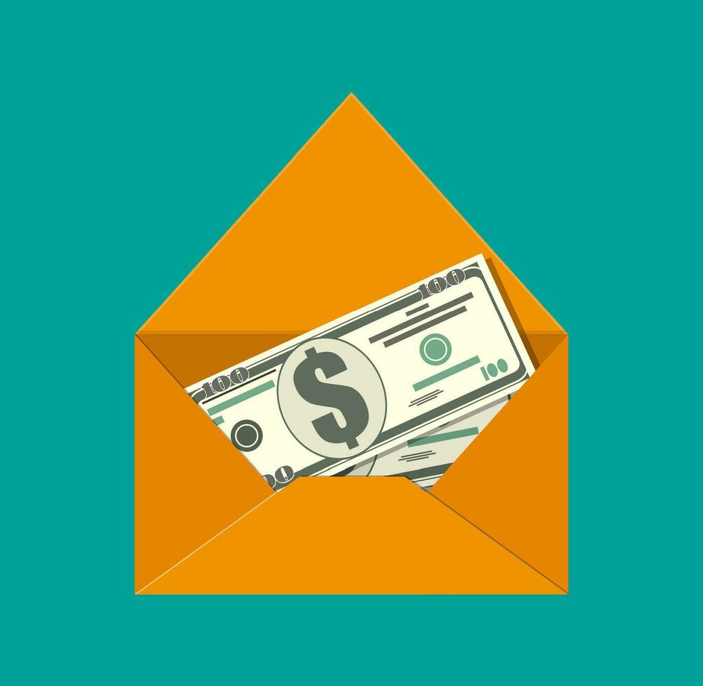 Dollar cash in envelope. Prize, money payroll, income. Send money. Hidden wages, salaries black payments, tax evasion. Vector illustration in flat style