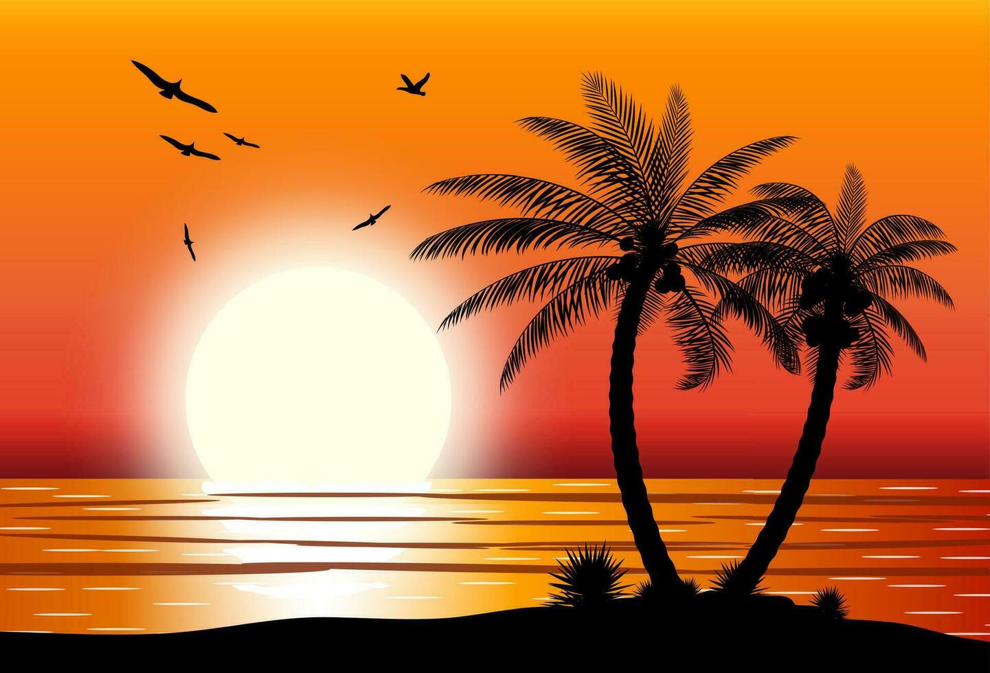 Silhouette of palm tree on beach. Sun with reflection in water and seagulls. Sunset in tropical place. Vector illustration