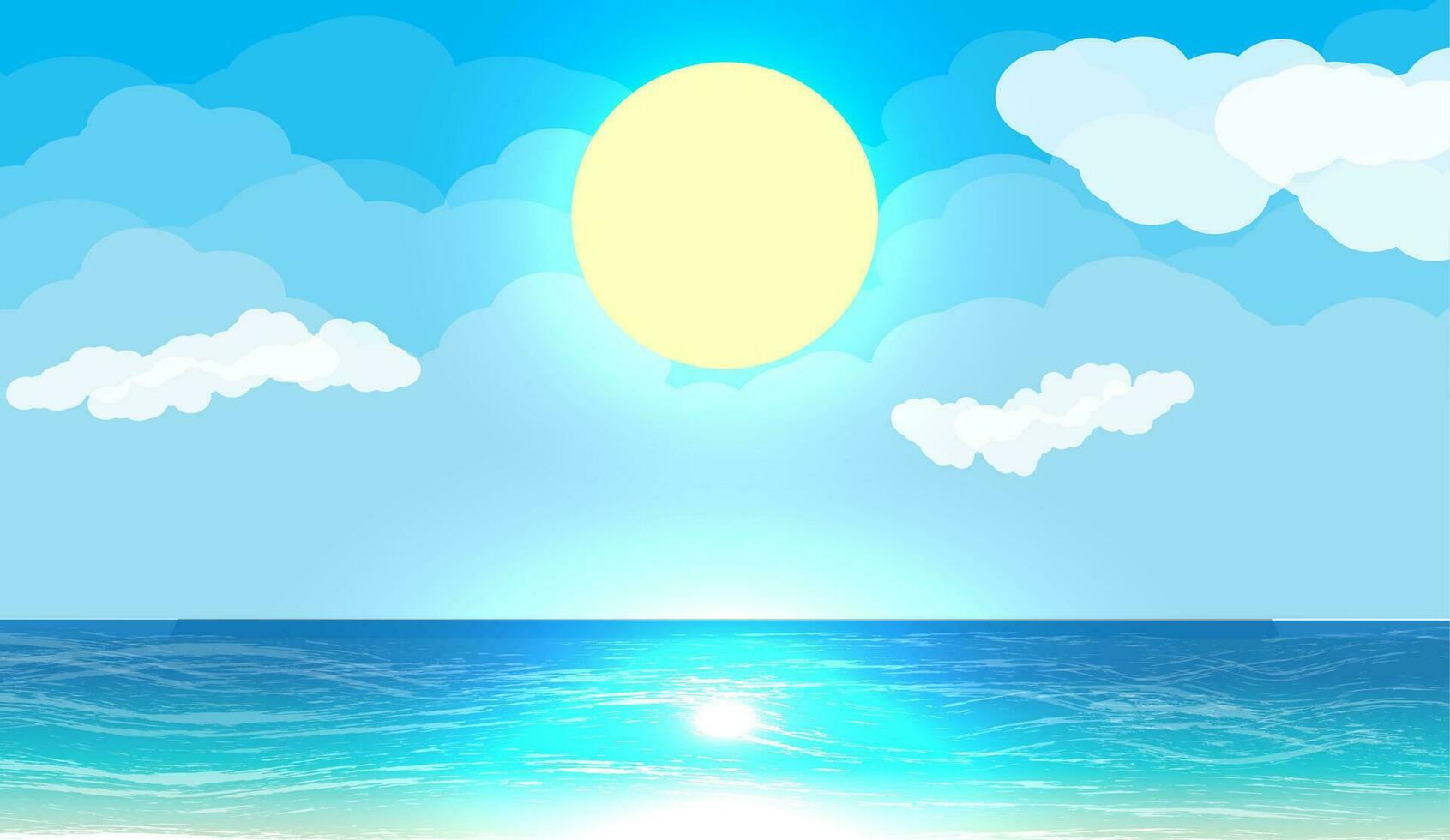 Sun with reflection in water. Day in tropical place. Vector illustration in flat style