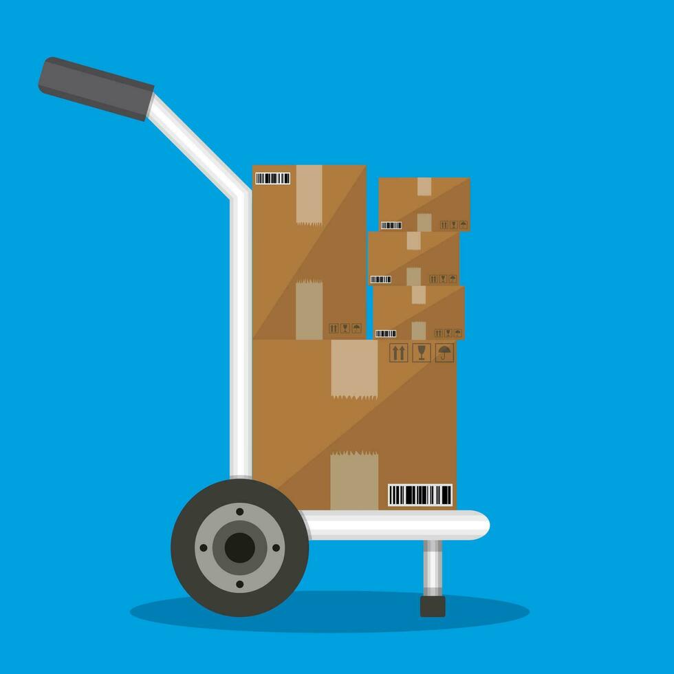 Metallic hand truck. delivery. hand truck icon. hand truck with brown boxes. vector illustration in flat design on blue background