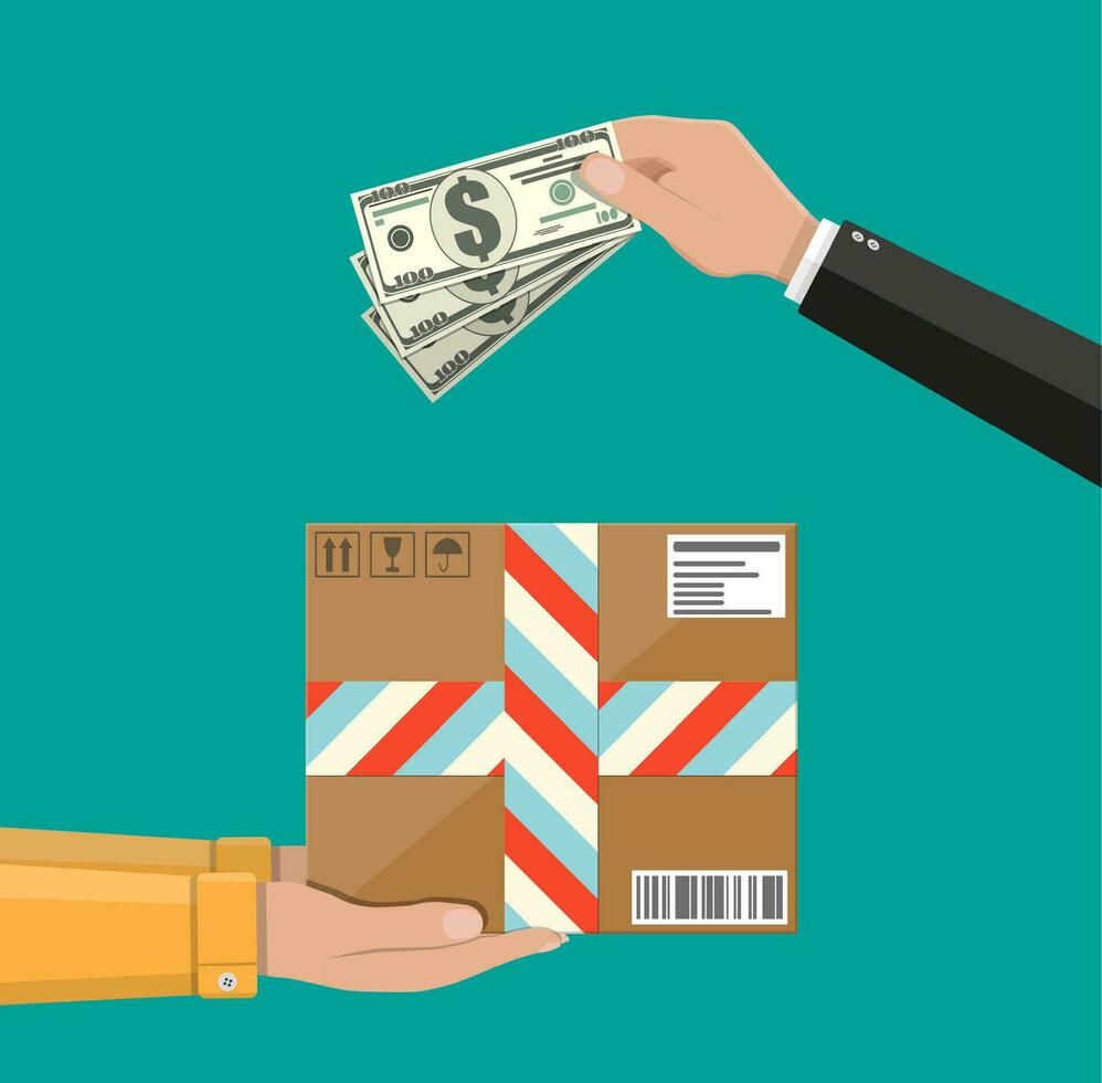 Hands with postal cardboard box and money. Delivery concept. Flat style vector illustration