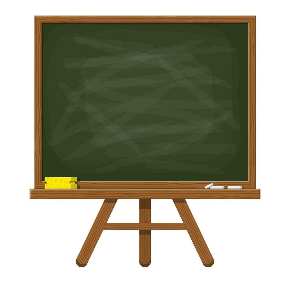 Empty green chalkboard with wooden frame. Yellow sponge and white chalk. Lesson in school classroom blackboard. College or university, education or business training. Vector illustration in flat style