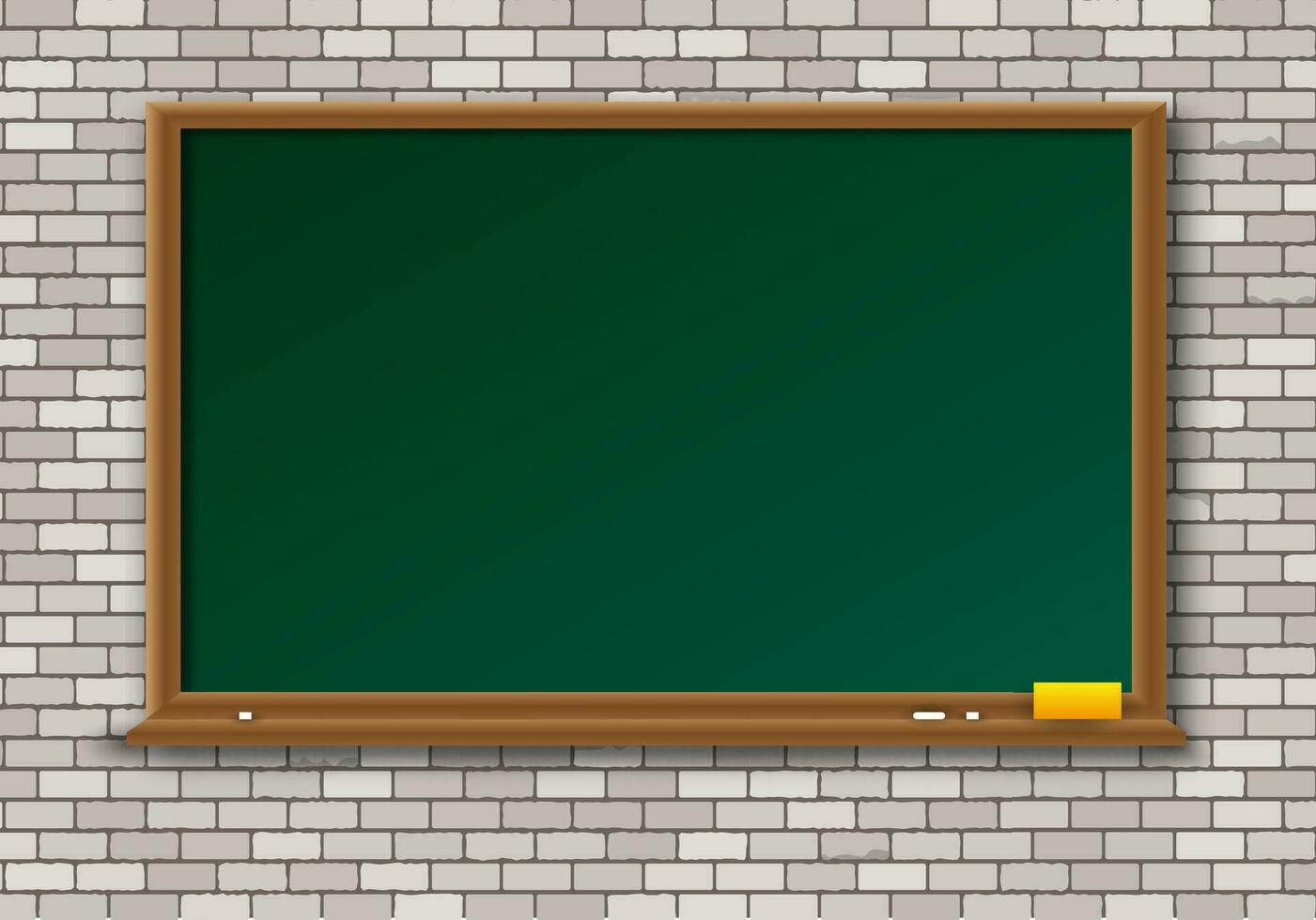Empty green chalkboard with shadow with wooden frame with yellow sponge and white chalk on white brick wall background. template for cards. web design. vector illustration