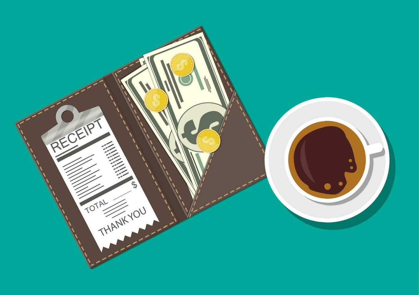 Folder with cash coins and cashier check. Coffee cup. Thanks for the service in the restaurant. Money for servicing. Good feedback about the waiter. Gratuity concept. Vector illustration in flat style