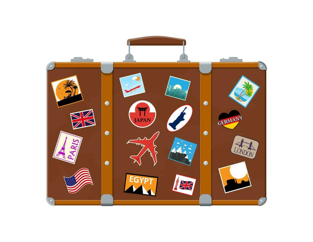 Vintage old travel suitcase. Leather retro bag with stickers. Brown briefcase with belts. Labels of countrys and citys all over the world. Baggage and luggage. Vector illustration in flat style