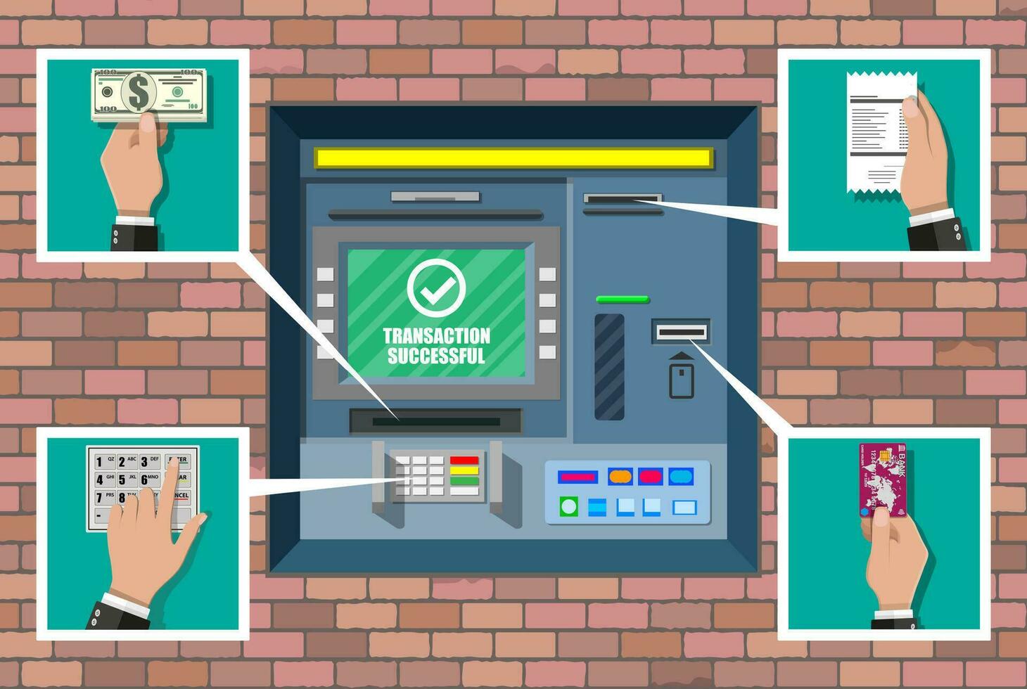 Bank ATM. Automatic teller machine. Program electronic device for payments and withdraw cash from plastic card. Economic, bank and finance industry. Vector illustration in flat style