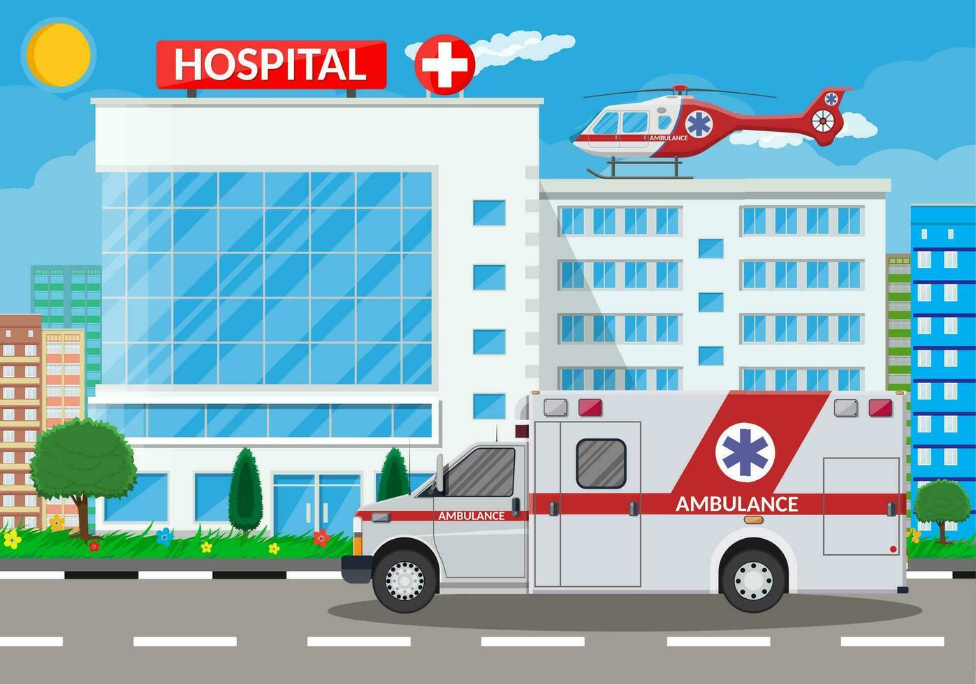 Hospital building, medical icon. Healthcare, hospital and medical diagnostics. Urgency and emergency services. Road, sky, sun, tree. Car and helicopter. Vector illustration in flat style