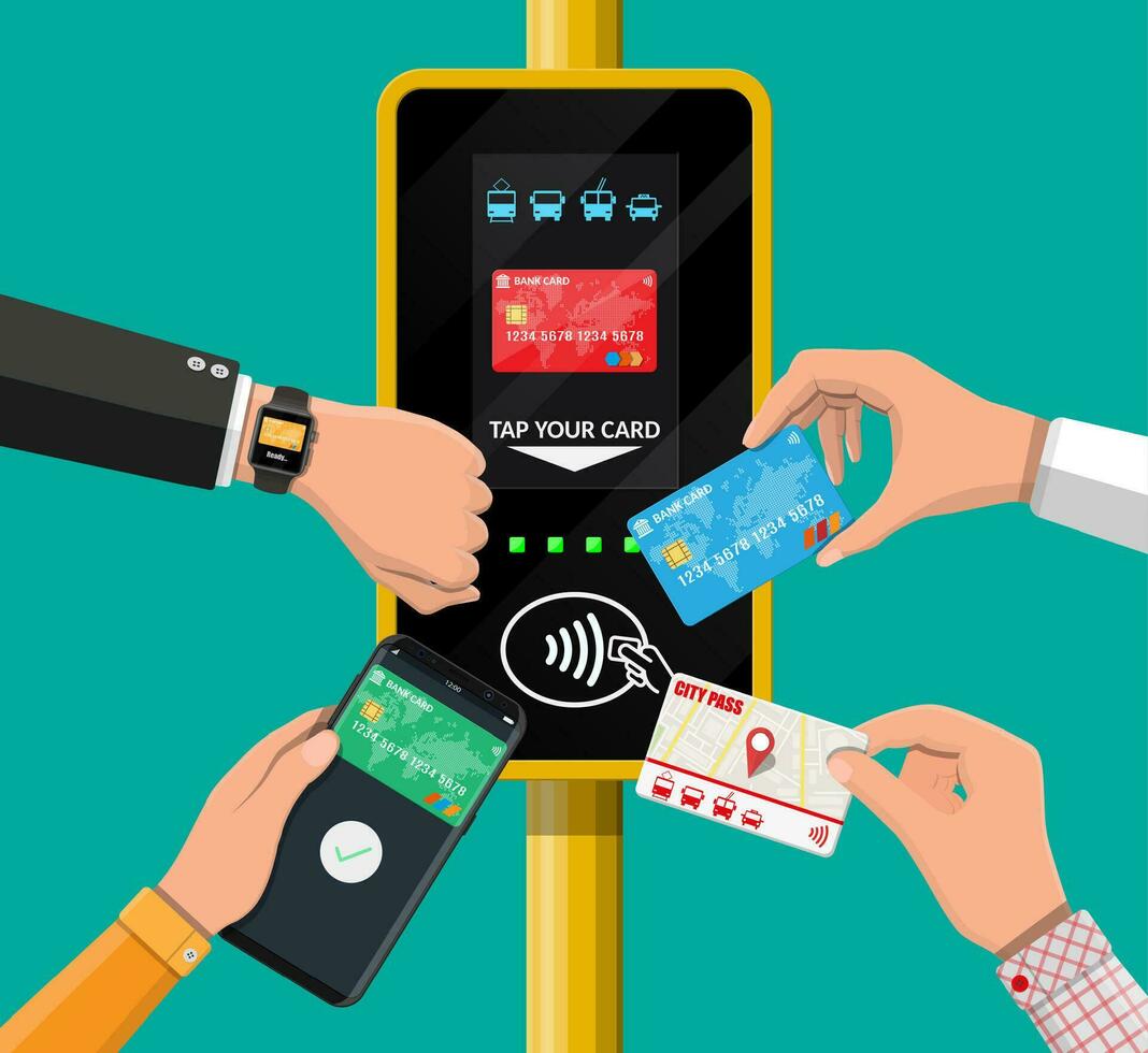 Hands with transport card, smartphone, smartwatch and bank card near terminal. Airport, metro, bus, subway ticket validator. Wireless contactless cashless payments, rfid nfc. Flat vector illustration