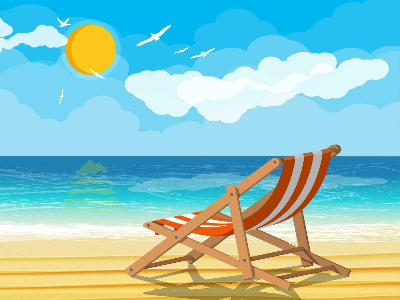 Landscape of wooden chaise lounge on beach. Seaguls in sky. Sun with reflection in water and clouds. Day in tropical place. Vector illustration in flat style