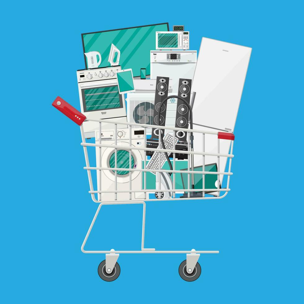 Household devices in shopping cart. electronics stores sale. vector illustration in flat style