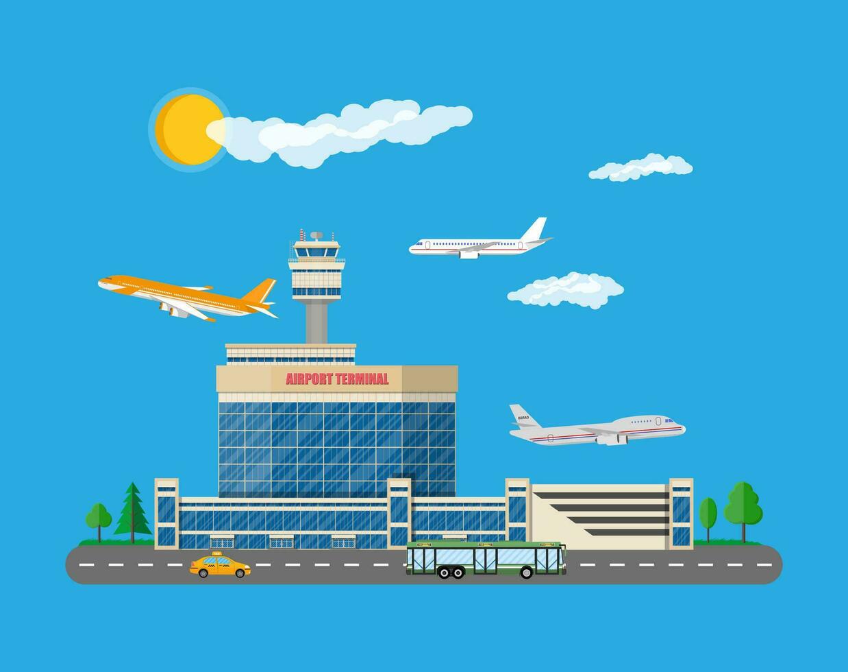 Aircraft above the ground. Airport control tower, terminal building and parking area. Road with bus and taxi. Sky with clouds and sun. Vector illustration in flat style