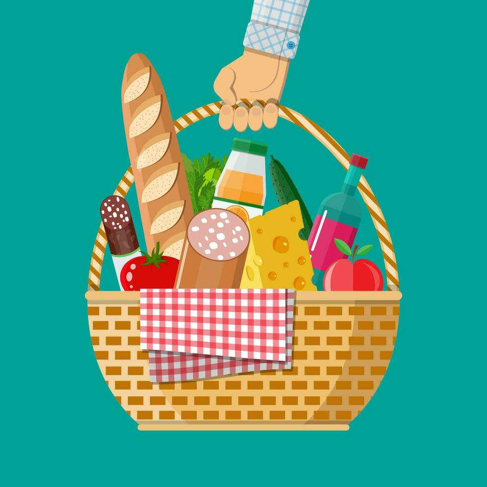 Hand holds wIcker picnic basket with gingham blanket full of products. Bottle of wine, sausage, bacon, cheese, apple, tomato, cucumber, salad, orange juice. Vector illustration in flat style