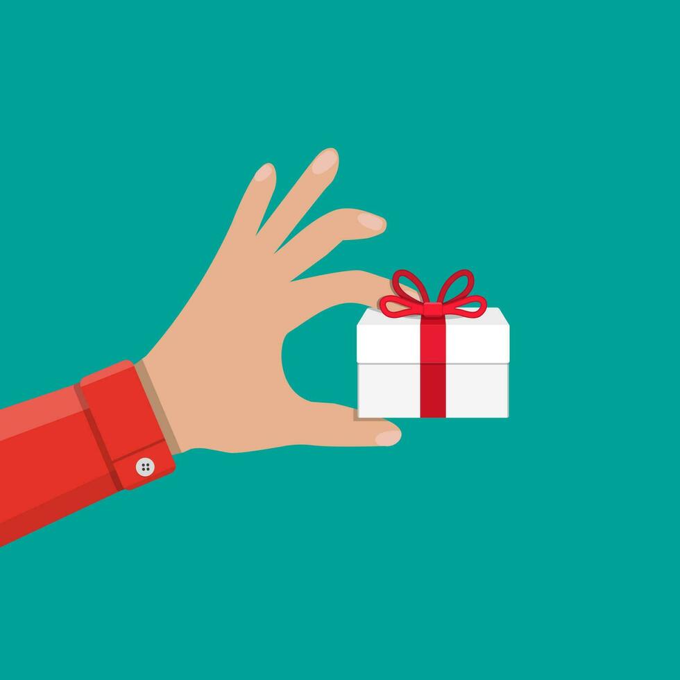 hand holding white gift box with red bow. vector illustration in flat style on green background