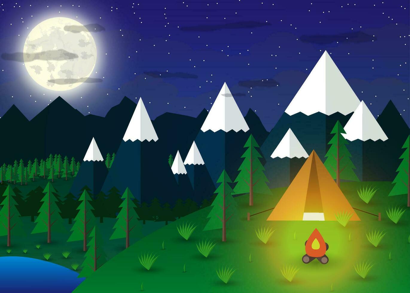 Summer Campsite with a campfire in night time, Lake, Forest, Mountains, Sky, clouds, moon. travel and vacation concept. vector illustration in flat design