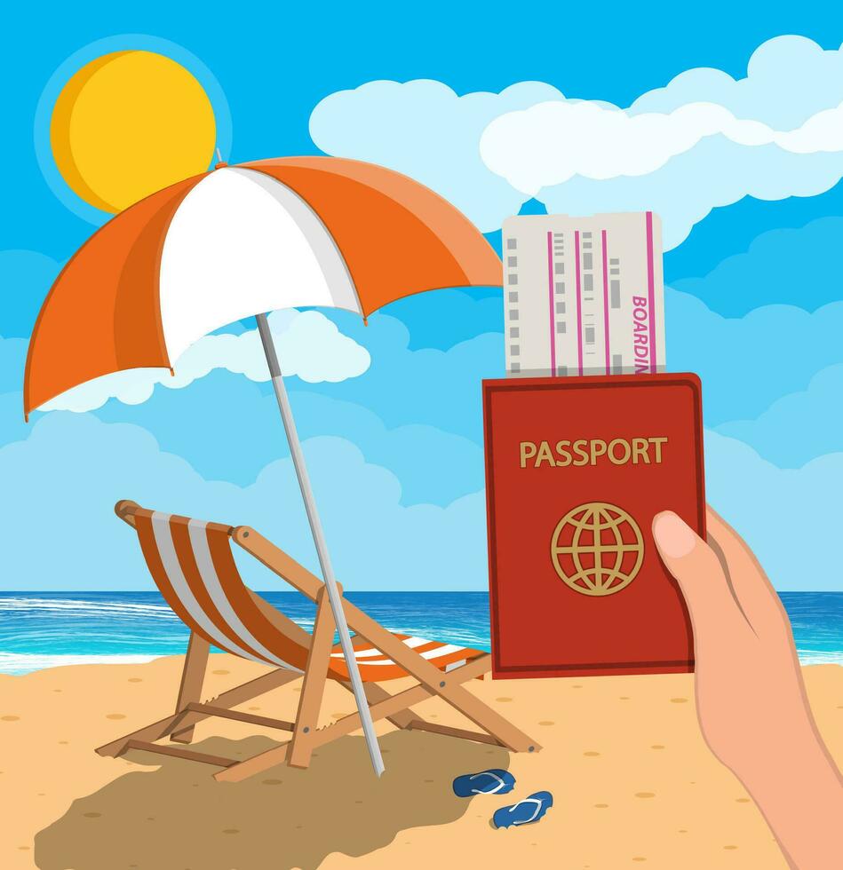 Passport and airplane ticket in hand. Landscape of wooden chaise lounge, umbrella, flip flops on beach. Sun with reflection in water and cloud. Day in tropical place. Vector illustration in flat style