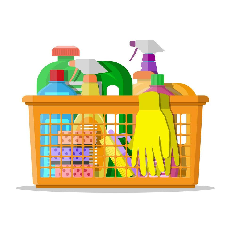 Cleaning set. household cleaning products and accessories in plastic basket. rubber gloves, detergent spay, sponge. vector illustration in flat design isolated on white