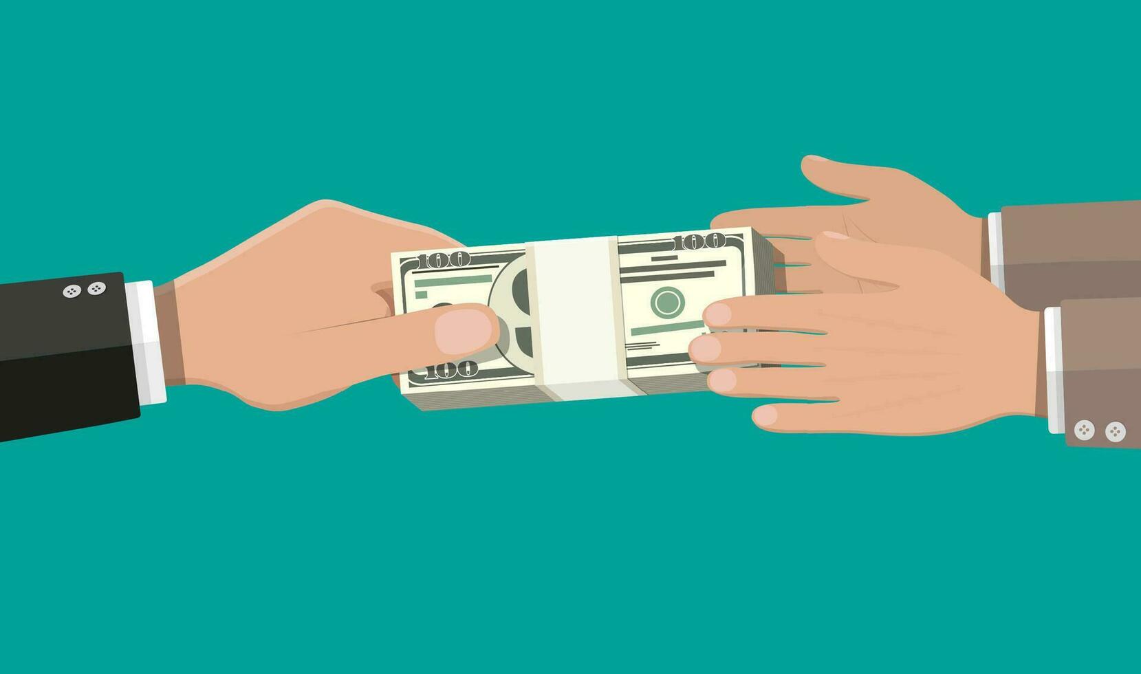 Two businessman hands, giving money. Vector illustration in flat style