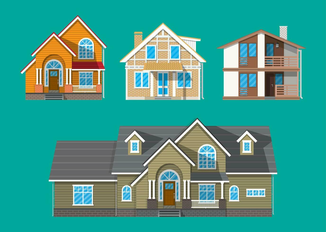 Suburban family house set. countrysdie wooden and brick house icon. vector illustration in flat style