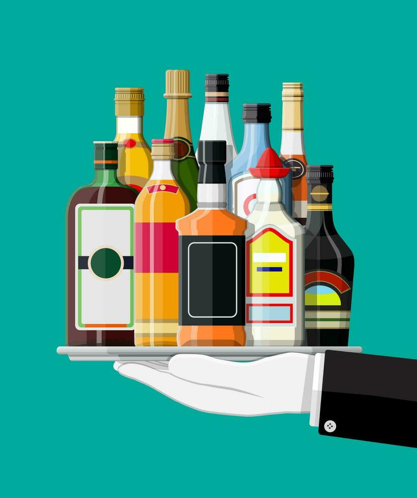 alcohol bebidas colección en bandeja de mesero. botellas con vodka champán vino whisky cerveza brandy tequila coñac espíritu Vermut Ginebra Ron Ajenjo Sambuca sidra Borbón. vector ilustración plano estilo