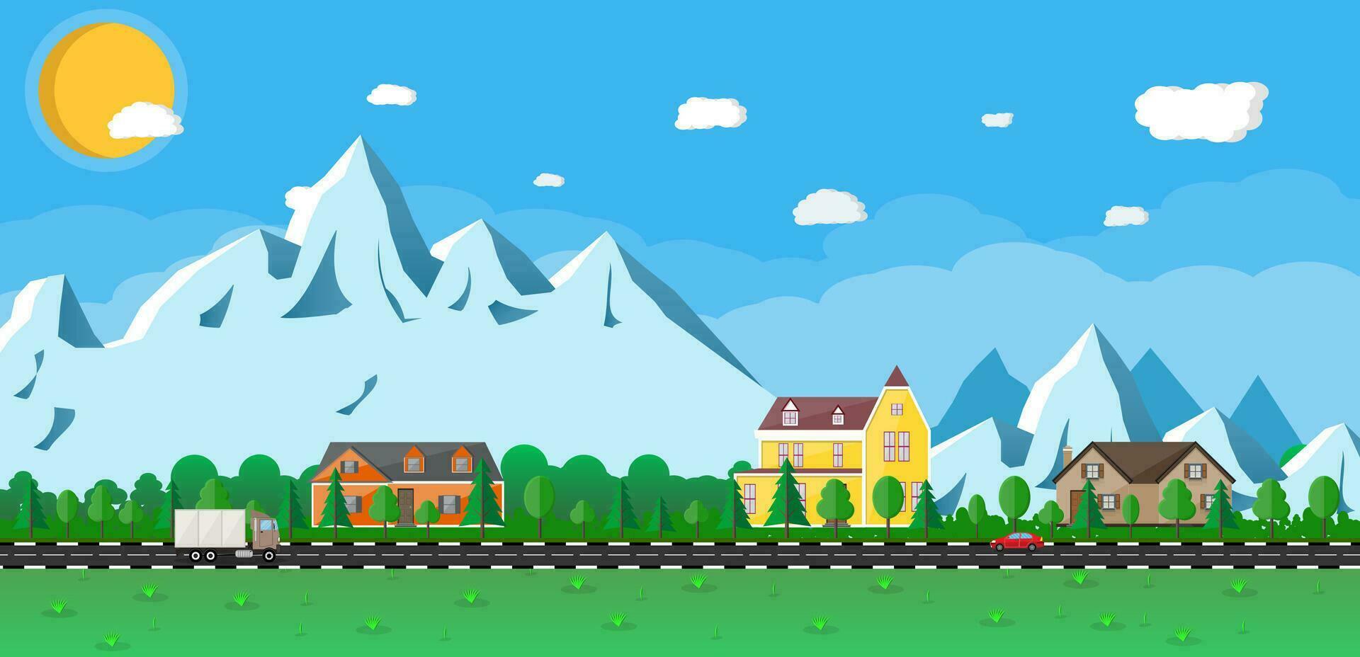 Small village landscape. Wooden houses in the mountains among the trees. road with cars. blue sky with sun and clouds. vector illustration in flat tyle