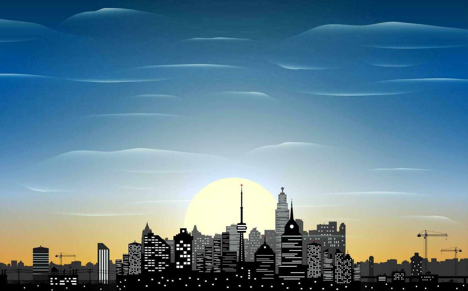 City skyline silhouette at sunset. Skyscappers, towers, office and residental buildings. Cityscape under sky, clouds and sun. Vector illustration