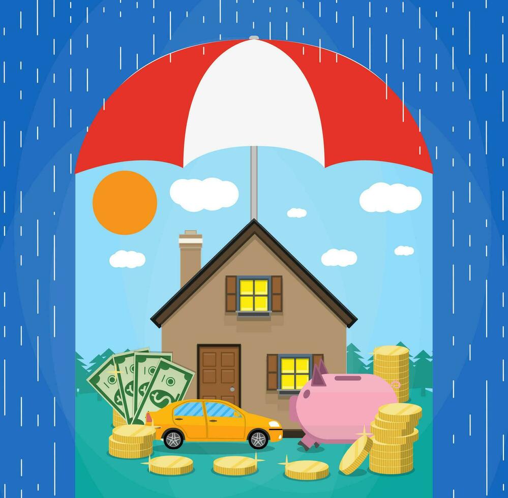 Umbrella in rain protecting house, car, money. Concept of security of property, Vector illustration in flat style