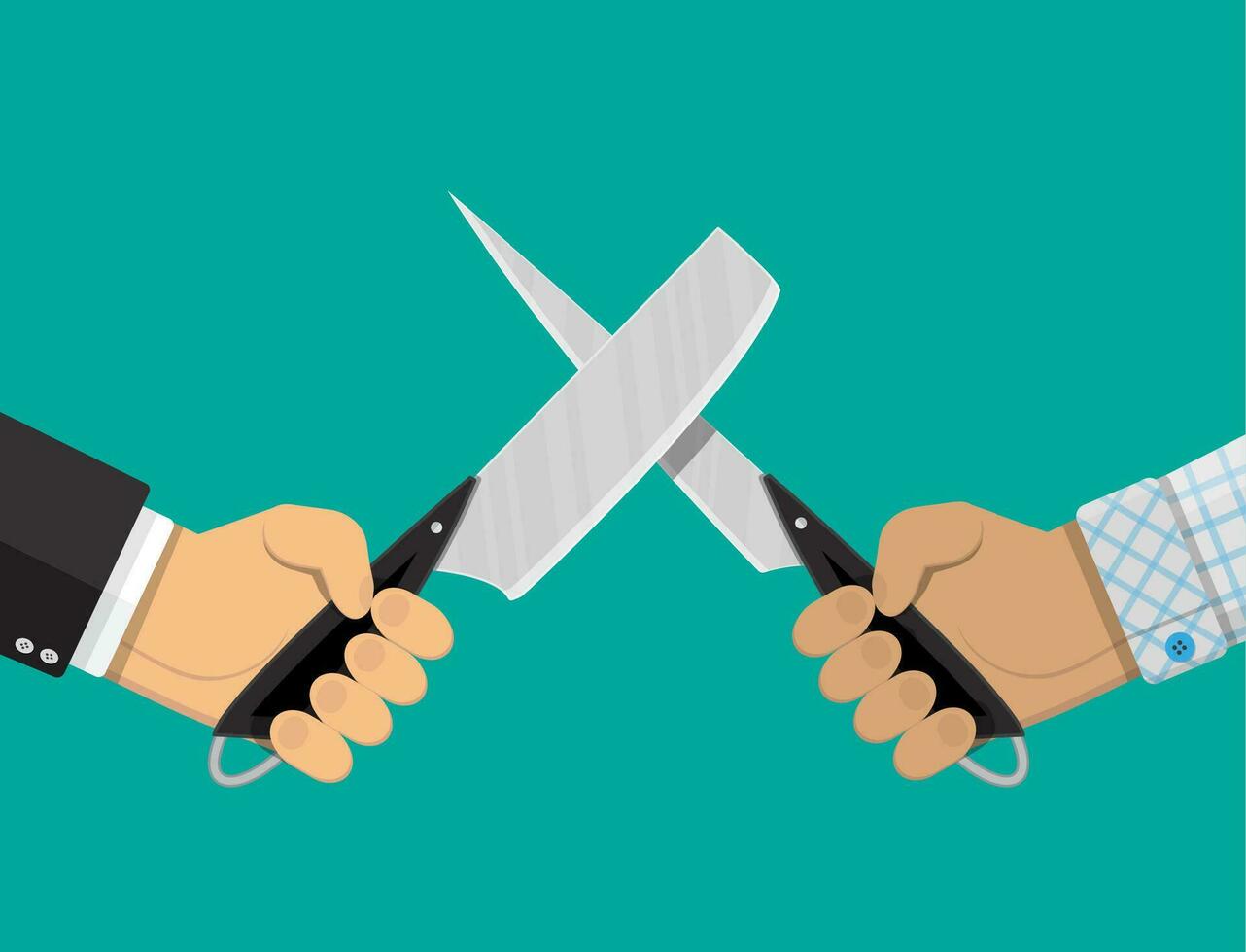 Businessmen hands with knives. Conflict, rivalry, competition, struggle, business war. Vector illustration in flat style