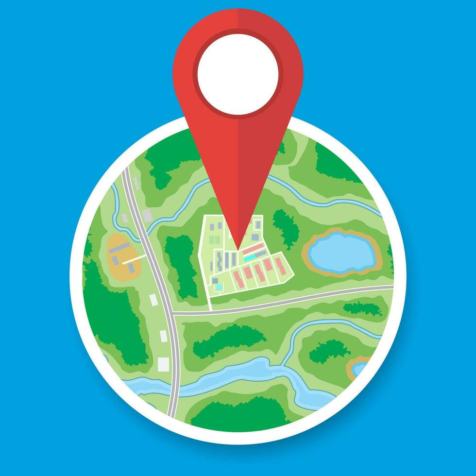 Abstract circle generic city or suburb map with roads, buildings, parks, river. Map with red marker pin. Vector illustration in flat style