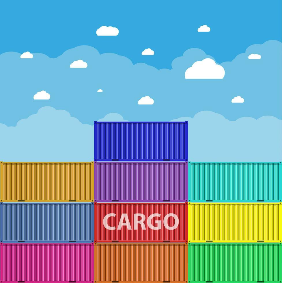 colorful sea cargo containers at blue sky background with clouds. logistics, transportation concept. vector illustration in flat design