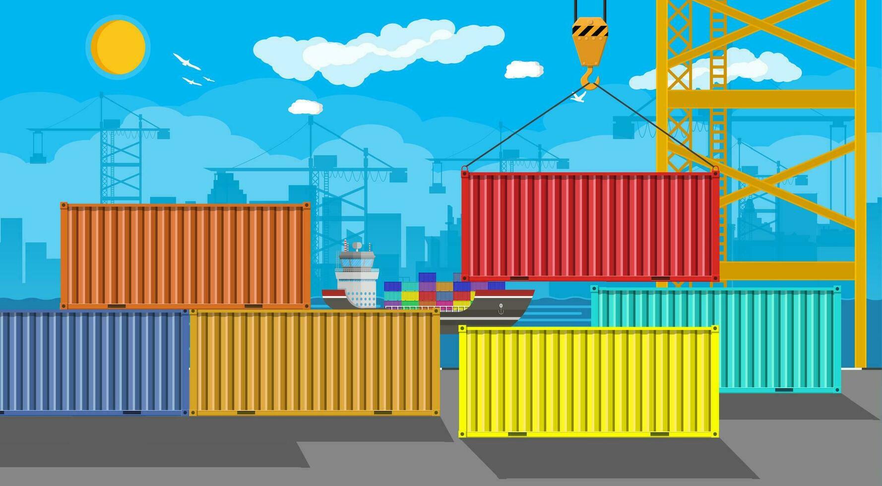 River ocean and sea freight shipping by water. Port crane unloads cargo ship. Background with blue sky, clouds. Pier, dock, harbor. Sea port logistics and delivery. Vector illustration in flat style