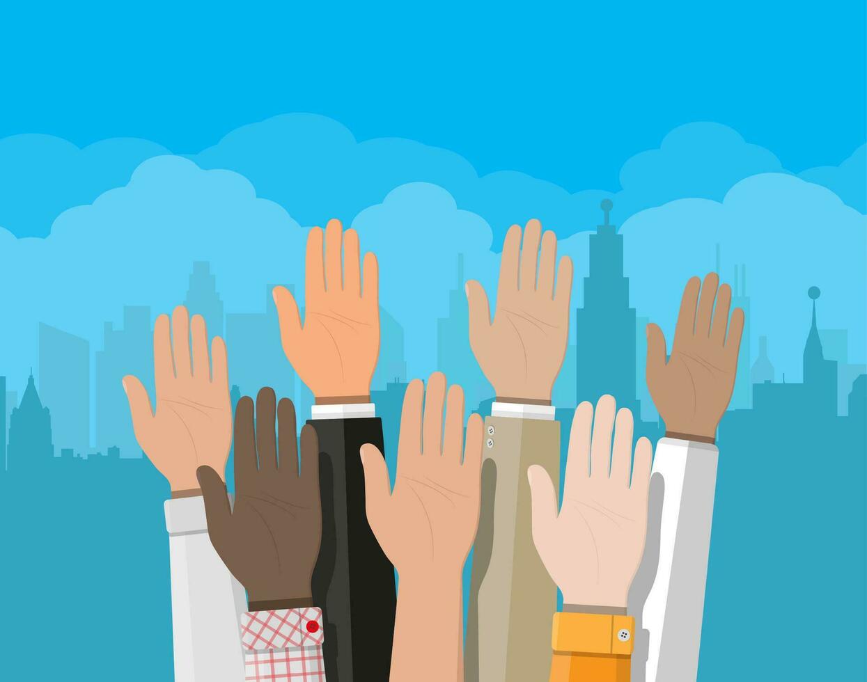 Raised up hands. People vote hands. Volunteering and election concept. Cityscape background. Vector illustration in flat style