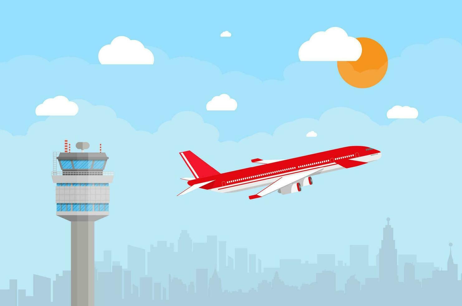 Cartoon background with gray airport control tower and flying red civil airplane after take off in blue sky with clouds, sun and city skyline silhouette. vector illustration in flat design