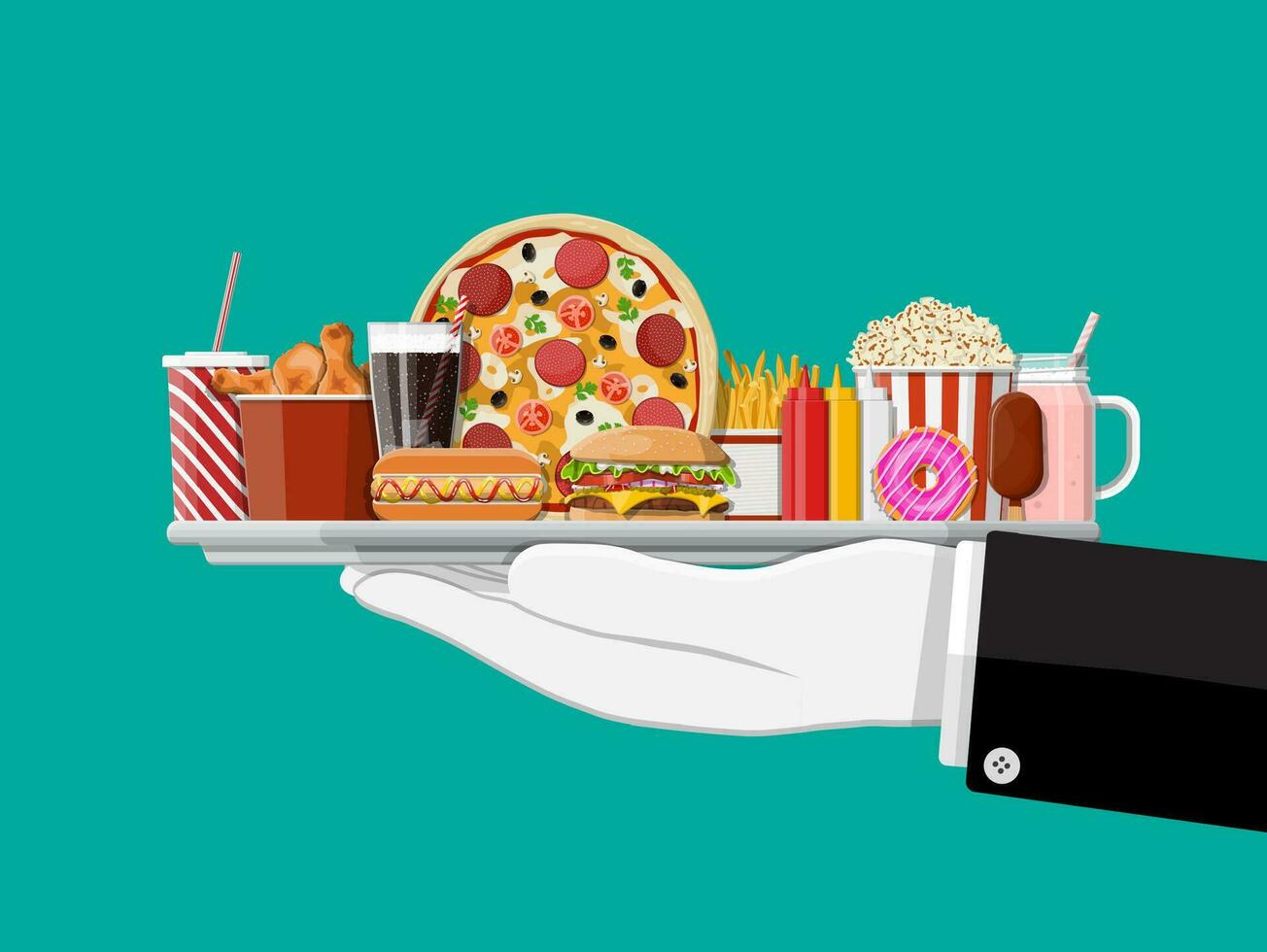 Tray with fast food in hand of waiter. Burger, pizza, hotdog, fried chicken, fries, popcorn, donut, milk cocktail cola soda, ice cream, glass bottles sauces. Fastfood. Vector illustration flat style