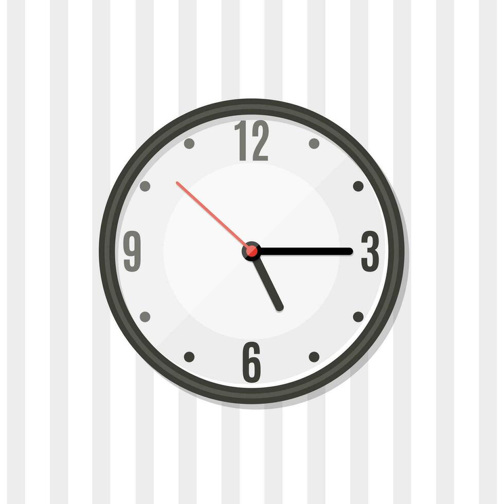 Simple wall clock isolated on striped background. vector illustration in flat design