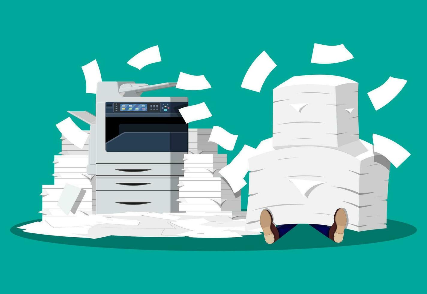 Businessman in pile of papers. Office multifunction machine. Bureaucracy, paperwork, overwork, office. Printer copy scanner device. Proffesional printing station. Vector illustration flat style